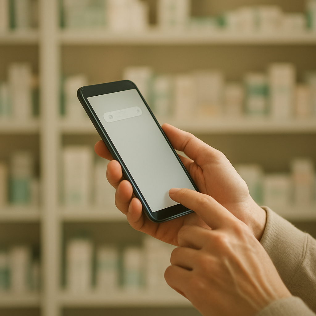 Persona buscando en el móvil cómo comprar retatrutida con una farmacia desenfocada al fondo